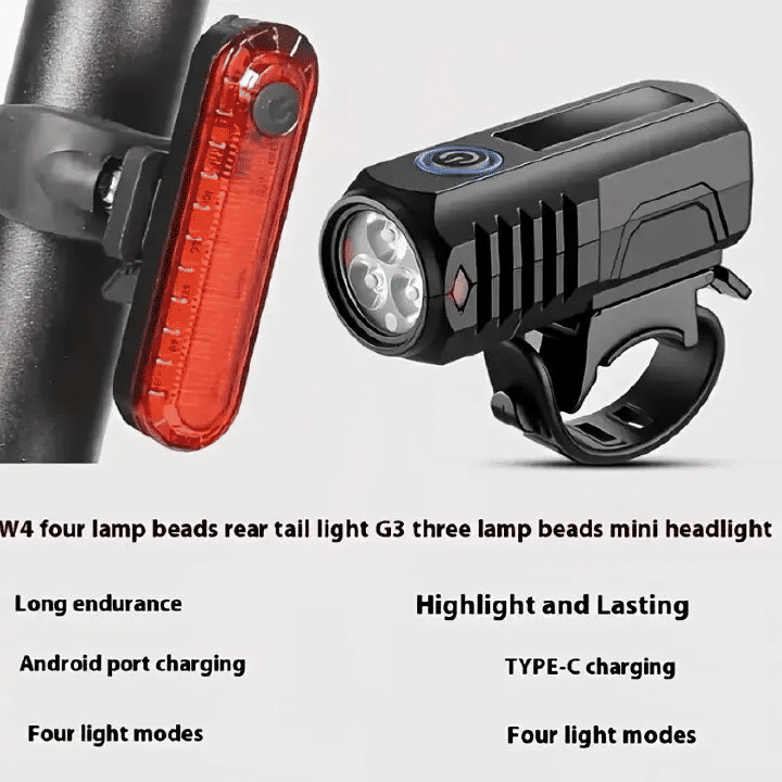 LED USB Rechargeable Bike Headlight And Taillight Set Handlebar Mount High Brightness For Night Riding