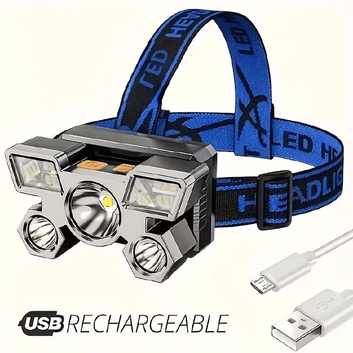 USB Rechargeable Headlamp 5 LED 4 Modes Portable Head Flashlight for Camping Blue