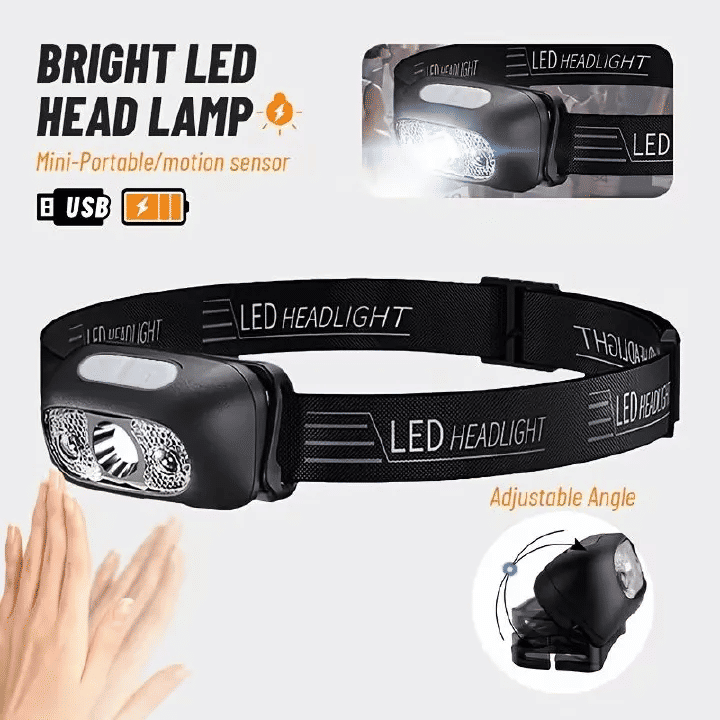 Portable LED Sensor Mini Headlamp USB Rechargeable Built-in Battery for Outdoor Camping Black