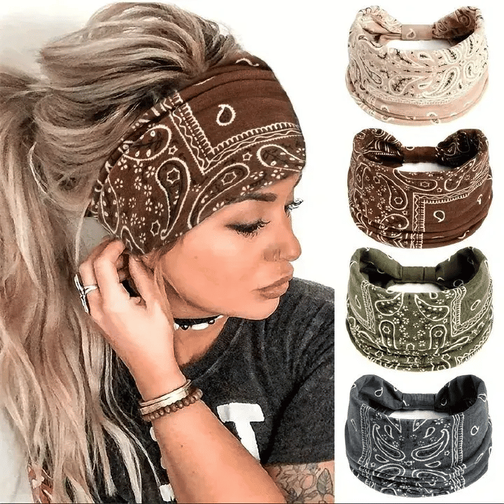Women's 4-Pack Bohemian Stretch Criss-Cross Headbands Cashew Print Hair Wraps