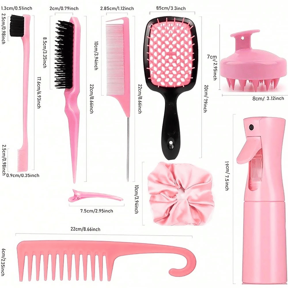 Professional 12-Piece Hair Styling Kit: Combs, Spray Bottle, Scalp Massager, Brushes