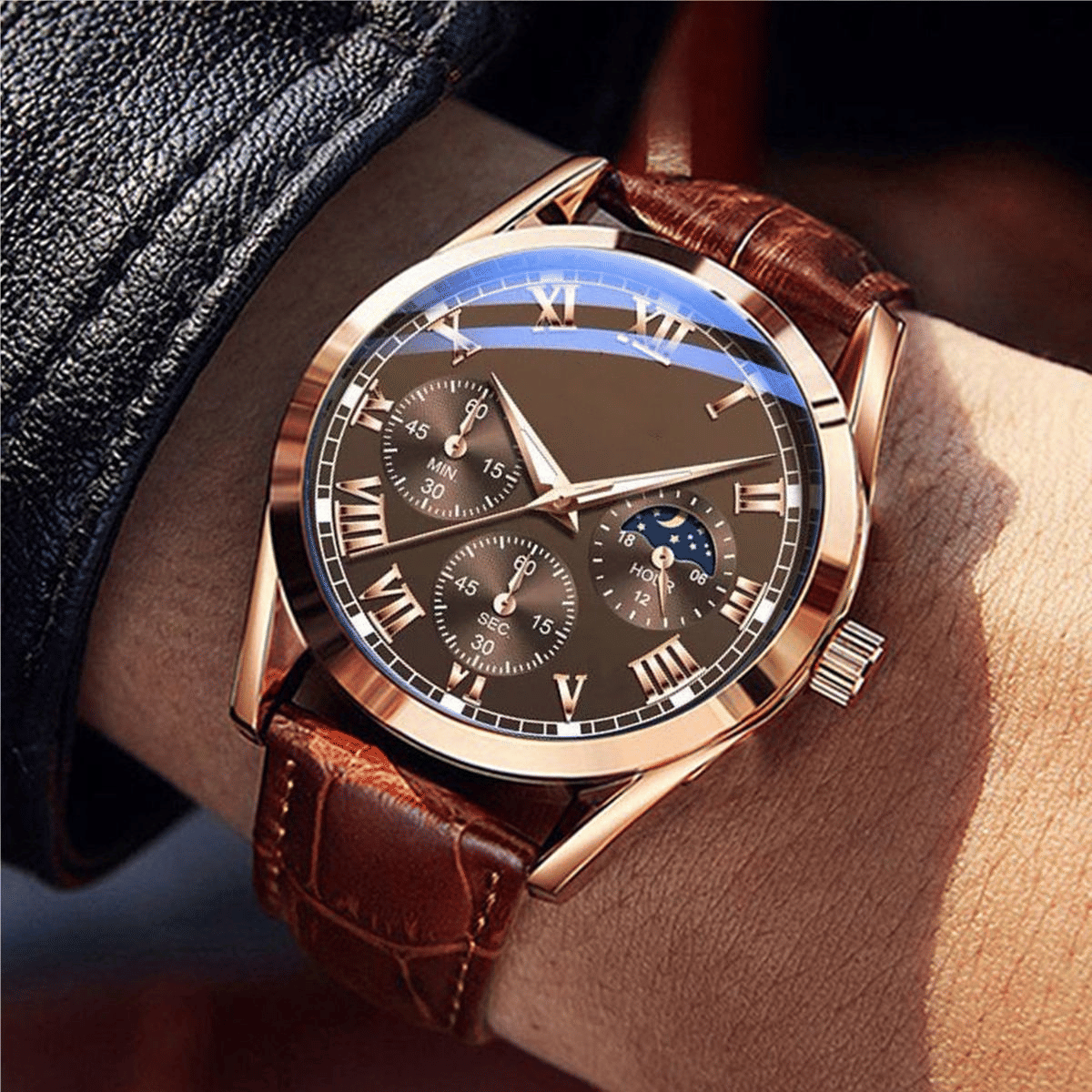 Men's 5-Piece Quartz Watch and Bracelet Set with Calendar Function