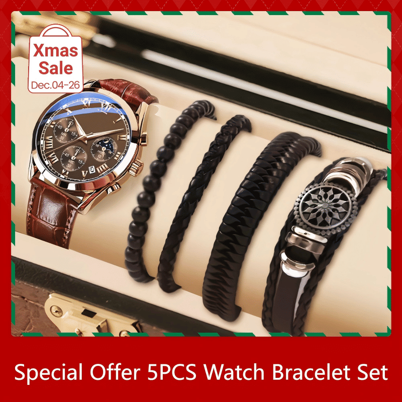Men's 5-Piece Quartz Watch and Bracelet Set with Calendar Function
