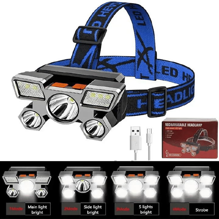 5 LED Headlamp Rechargeable Head Flashlight for Camping Hiking Fishing Hunting