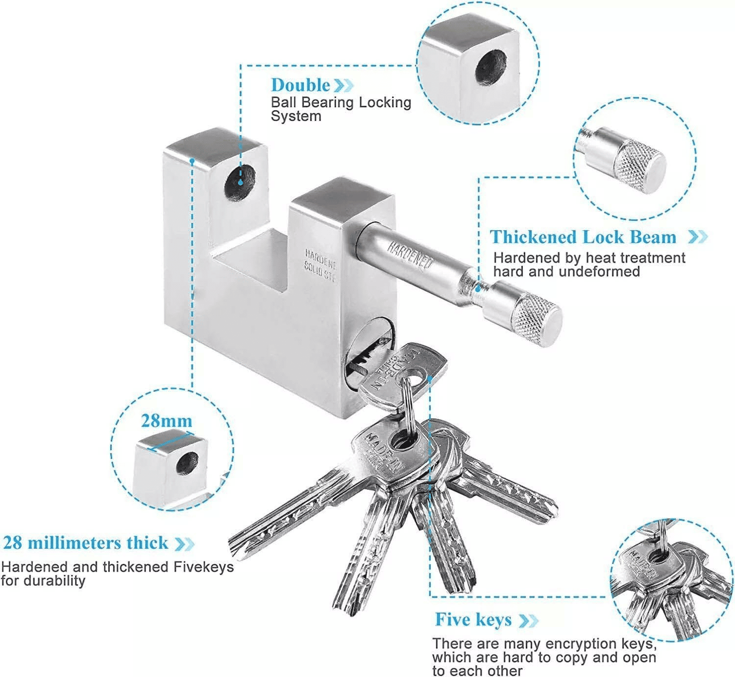 94mm Horizontal Beam Steel Padlock with 4 Keys Heavy Duty