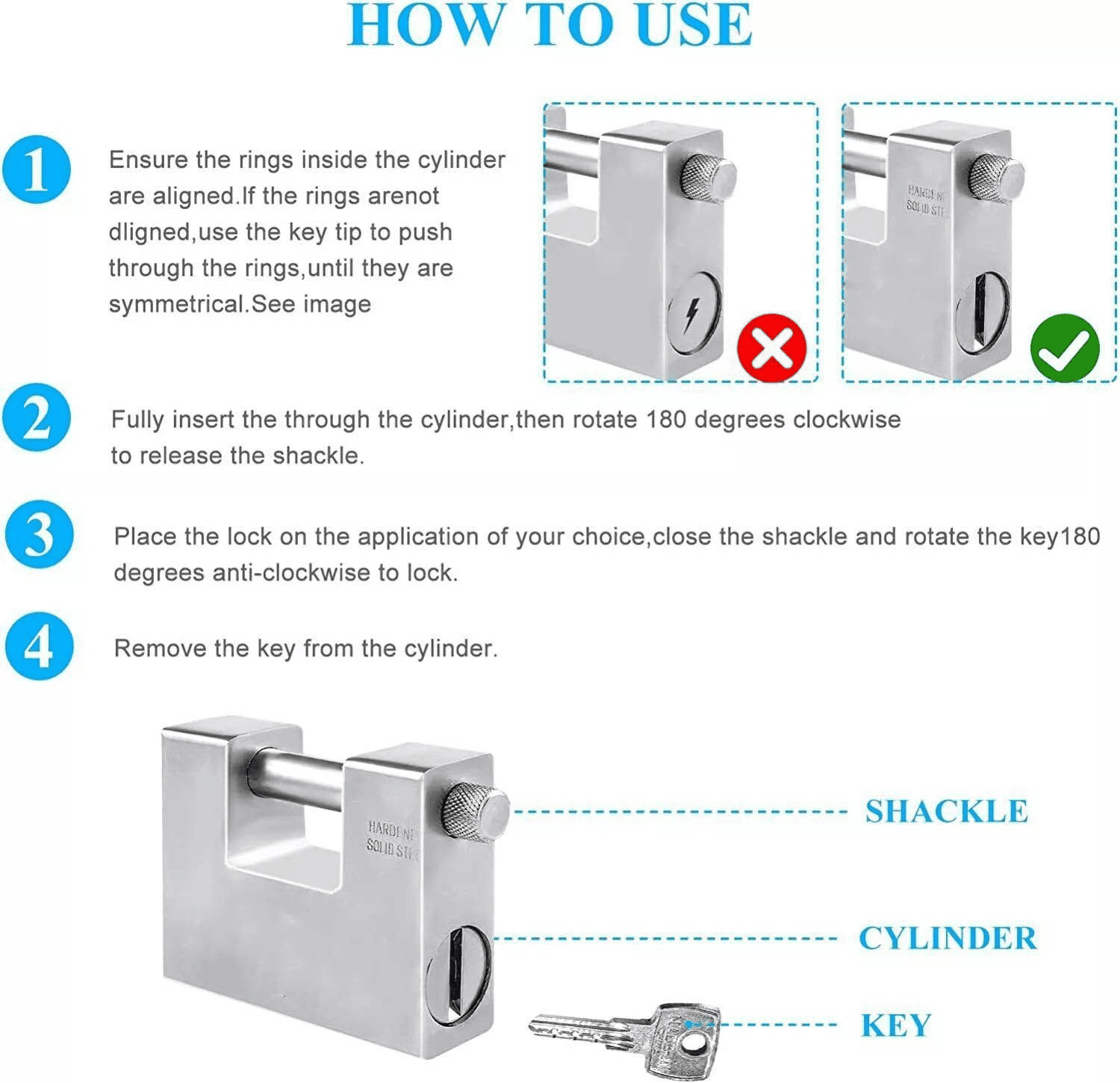 94mm Horizontal Beam Steel Padlock with 4 Keys Heavy Duty