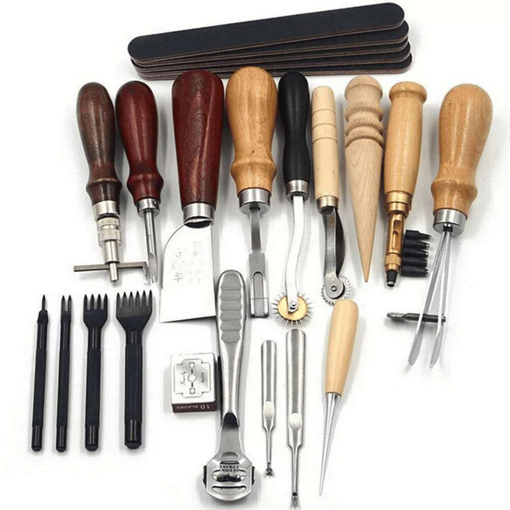 Generic 18-Piece Professional Leather Craft Tool Kit Wood Steel