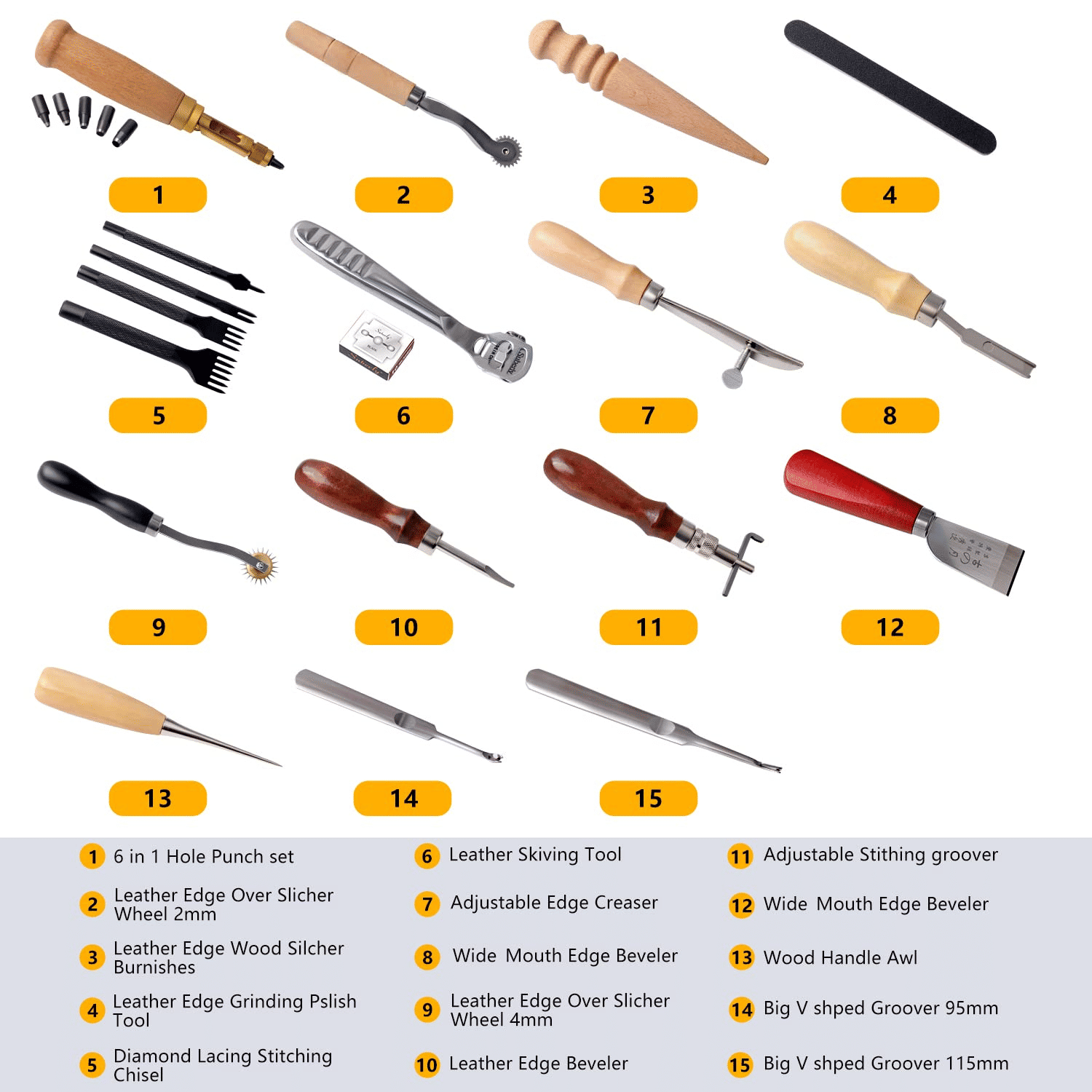 Generic 18-Piece Professional Leather Craft Tool Kit Wood Steel