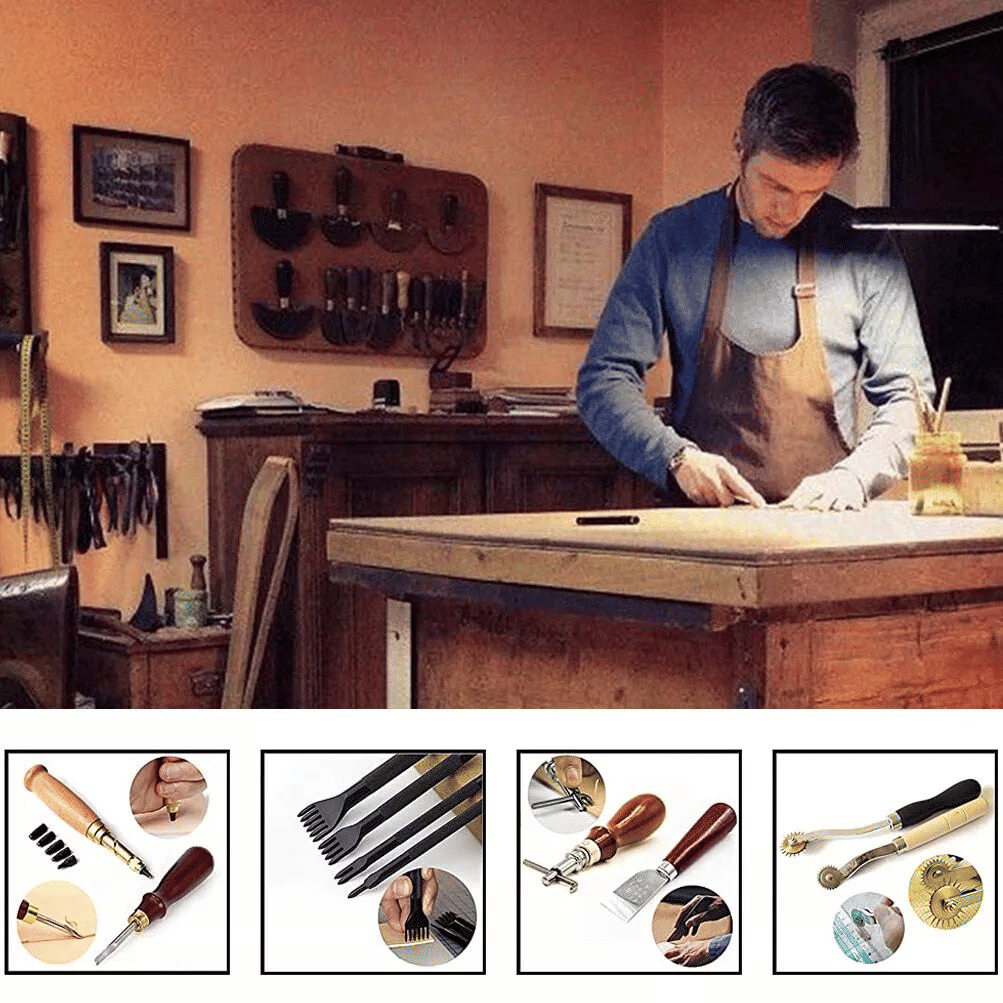 Generic 18-Piece Professional Leather Craft Tool Kit Wood Steel
