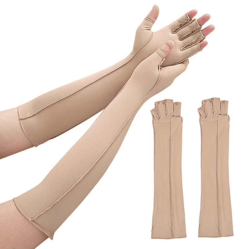 Long Arthritis Compression Fingerless Hand Gloves Nude 38cm