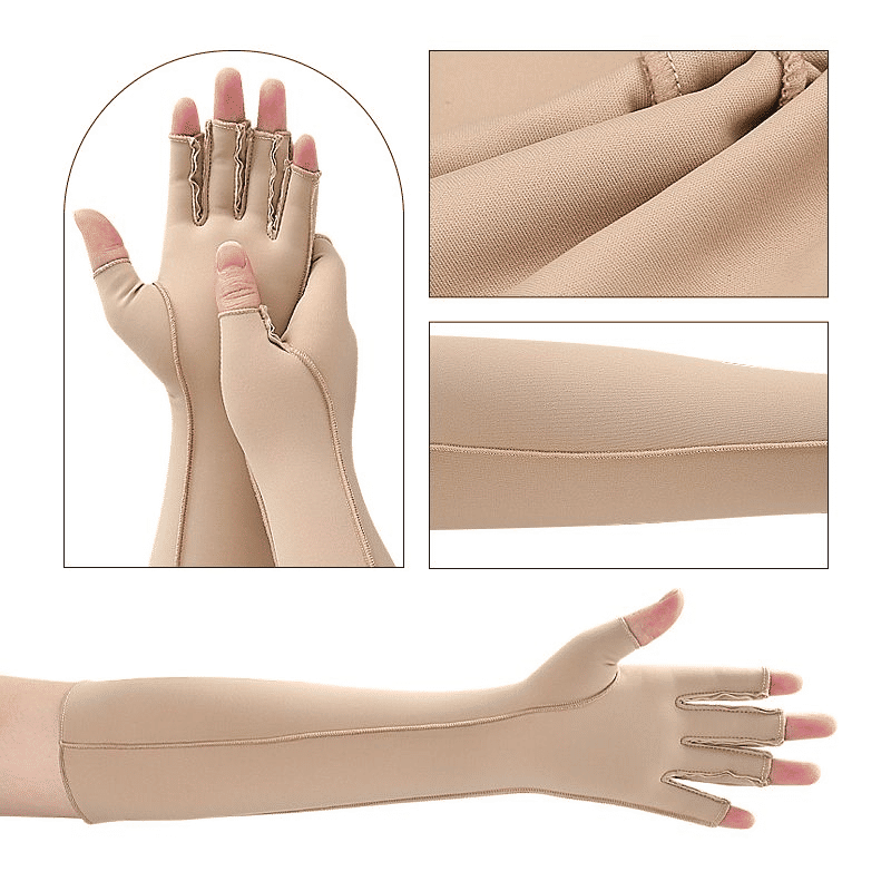 Long Arthritis Compression Fingerless Hand Gloves Nude 38cm