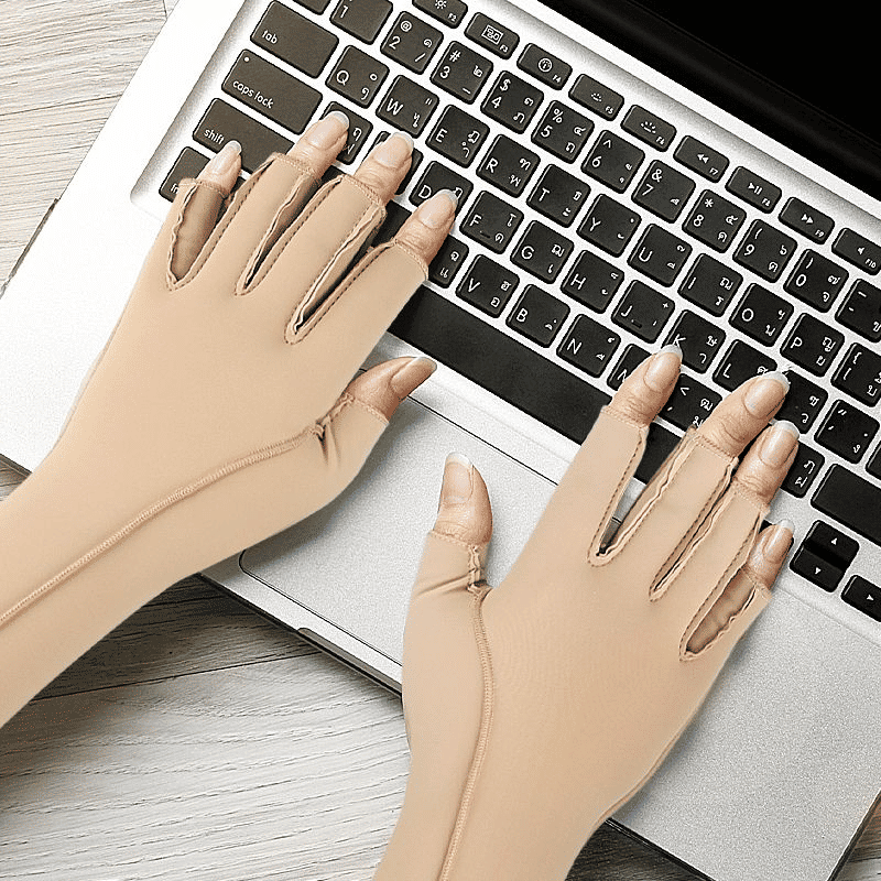 Long Arthritis Compression Fingerless Hand Gloves Nude 38cm