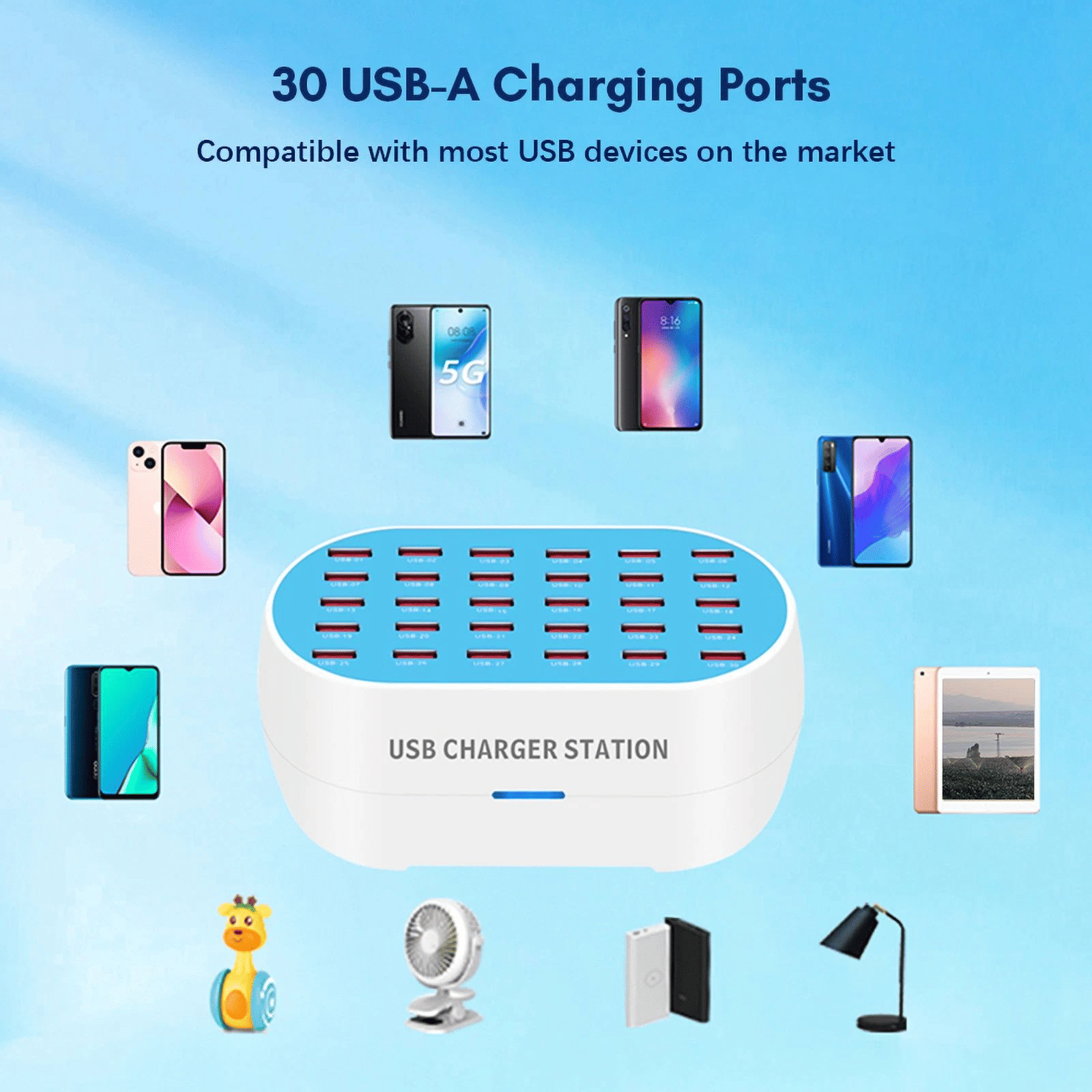 30 Port USB Smart Charging Station 160W Multi-Device Fast Charger