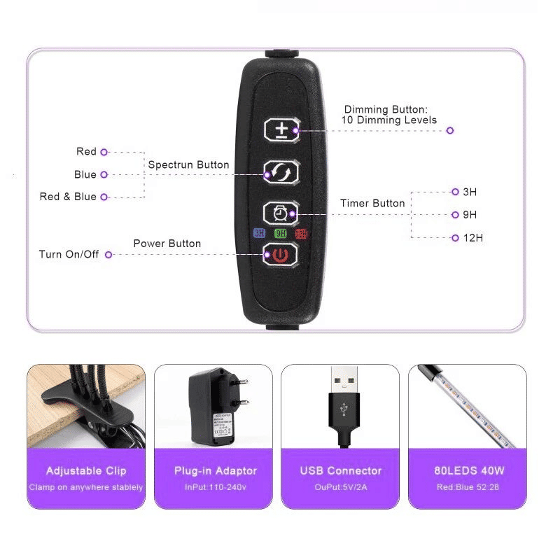 4-Head LED Full Spectrum Plant Grow Light with Timer