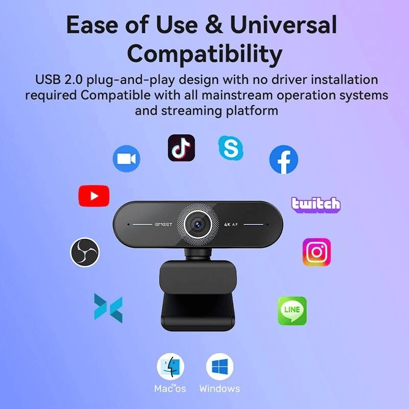 EMEET C60E 4K Webcam Autofocus Dual Noise-Cancelling Mics