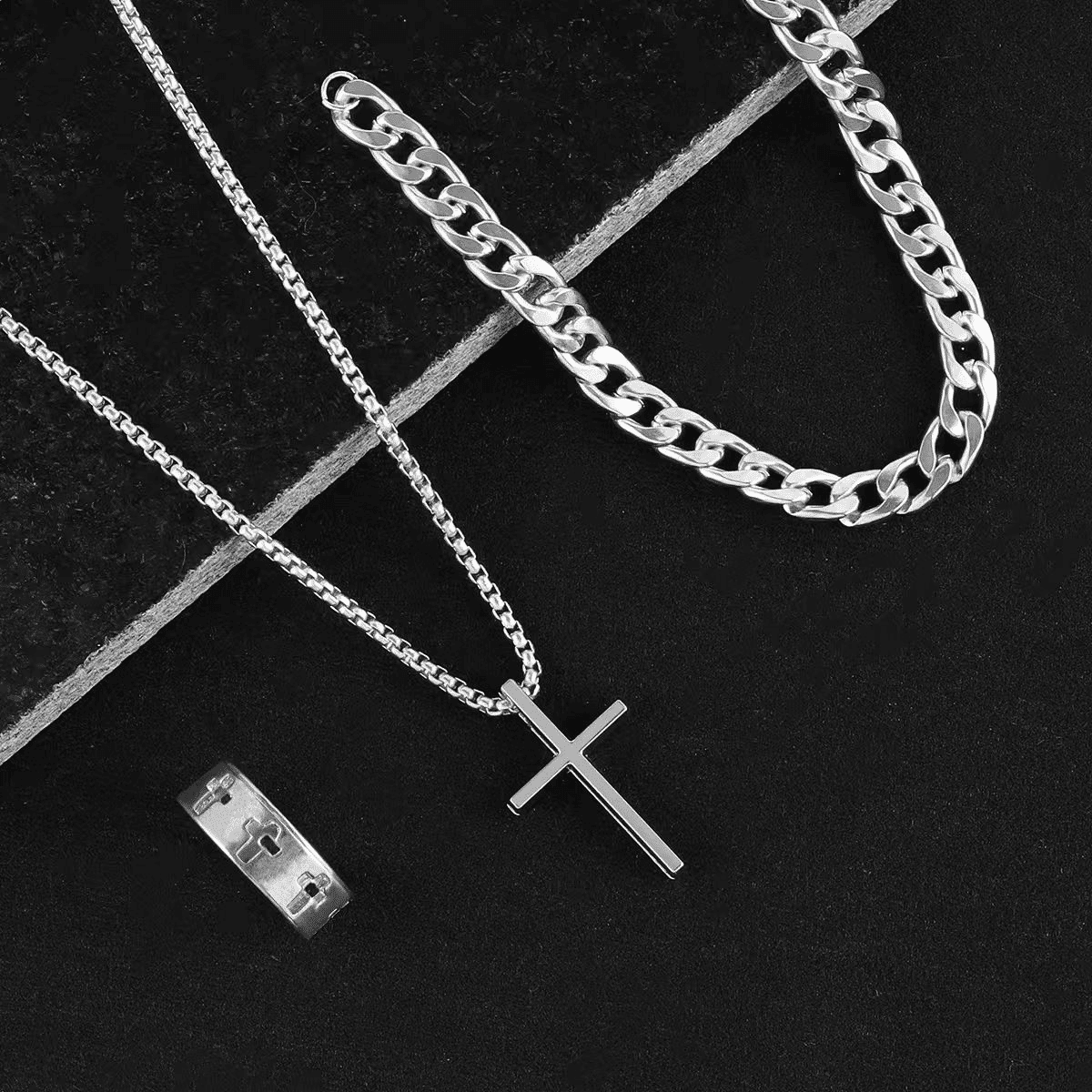 Men's 3-Piece Titanium Steel Cross Jewelry Set - Necklace, Ring, Bracelet