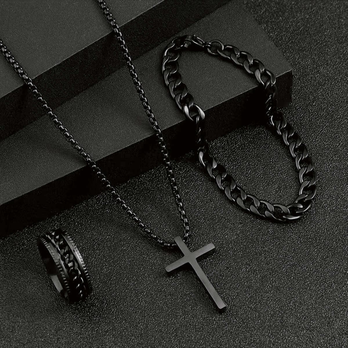 Men's 3-Piece Titanium Steel Cross Jewelry Set - Necklace, Ring, Bracelet
