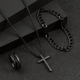 Men's 3-Piece Titanium Steel Cross Jewelry Set - Necklace, Ring, Bracelet