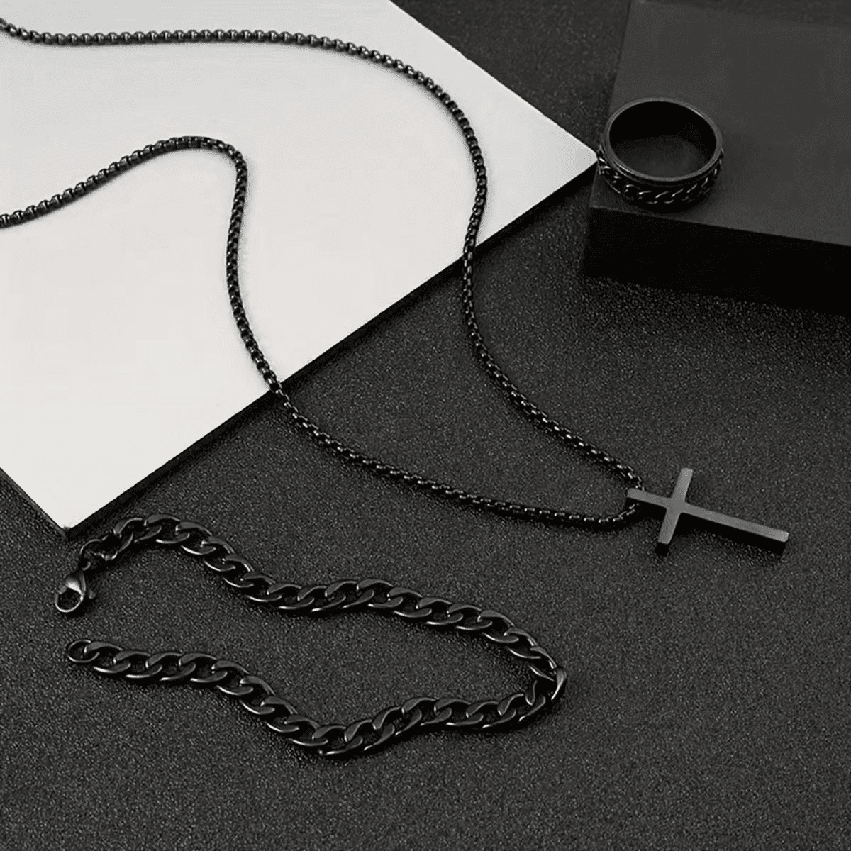 Men's 3-Piece Titanium Steel Cross Jewelry Set - Necklace, Ring, Bracelet