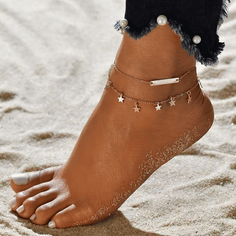 MMSHOP Women's Double-Layer Pentagram Beach Anklet Chain - Fashionable Silver Alloy