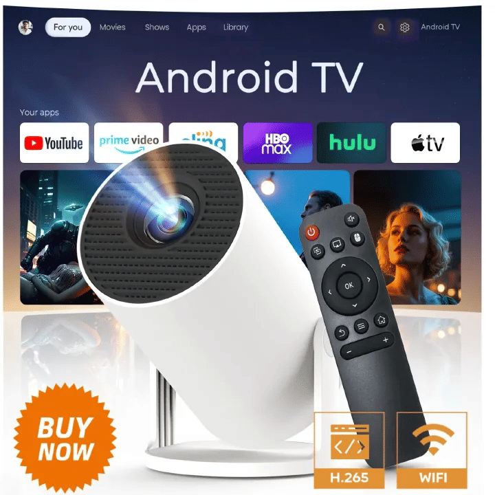 Pingxu Portable Android 11 Smart Projector 160 ANSI HD 720P WiFi 6 5W Stereo Sound White