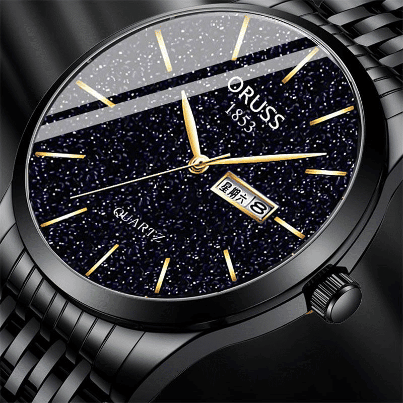Men's Waterproof Starlight Dual Calendar Quartz Watch with Metal Band
