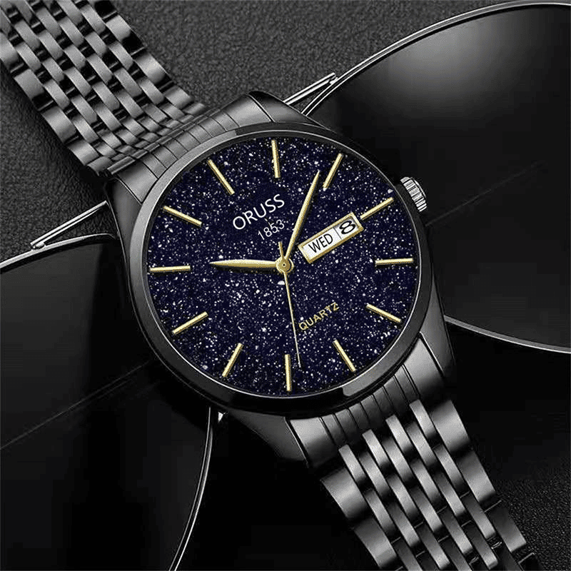 Men's Waterproof Starlight Dual Calendar Quartz Watch with Metal Band