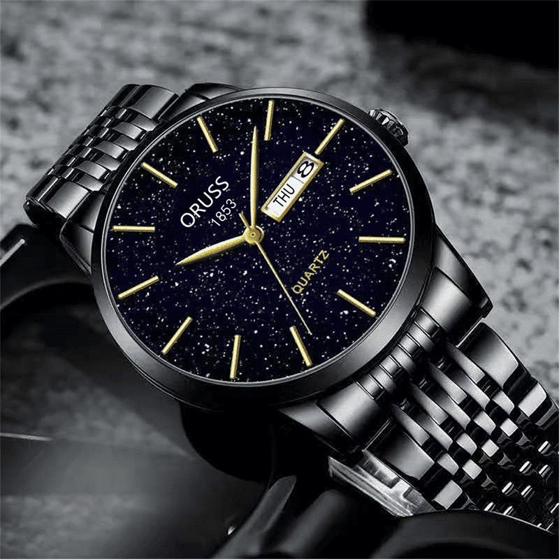 Men's Waterproof Starlight Dual Calendar Quartz Watch with Metal Band