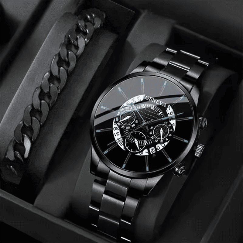 2-Piece Men's Black Quartz Analog Watch and Bracelet Set