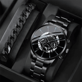 2-Piece Men's Black Quartz Analog Watch and Bracelet Set