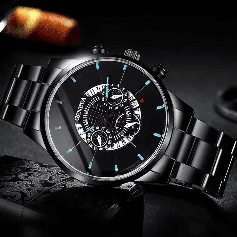 2-Piece Men's Black Quartz Analog Watch and Bracelet Set