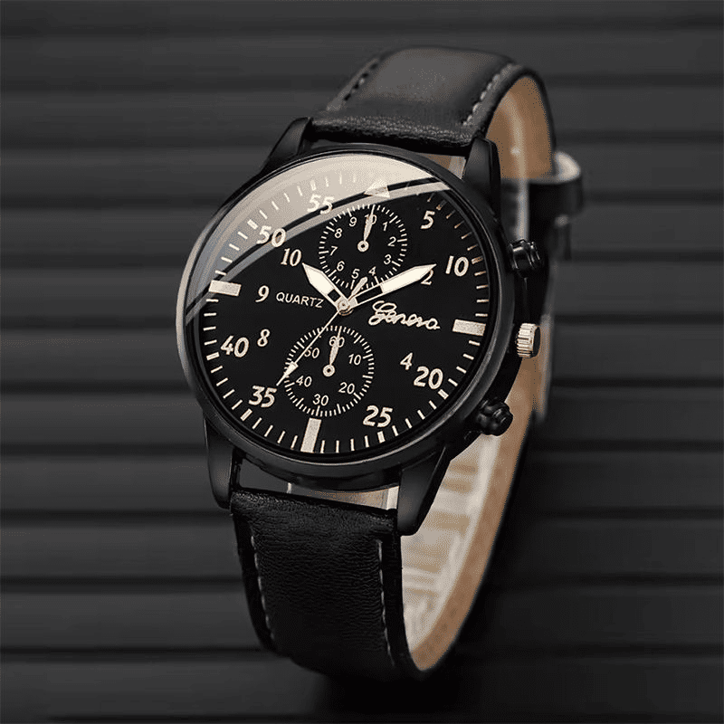 Men's Business Quartz Watch and 3-Piece Bracelet Set Black Leather