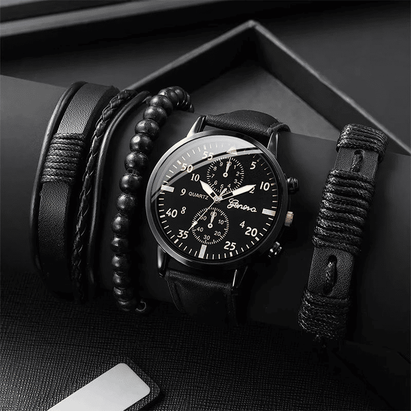 Men's Business Analog Quartz Leather Watch with Woven Bracelet Set
