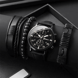 Men's Business Quartz Watch and 3-Piece Bracelet Set Black Leather