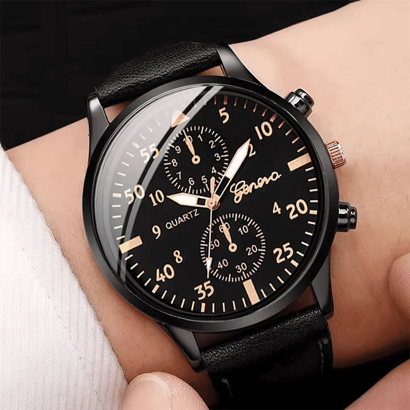 Generic Fashion Quartz Watch and Bracelet Set Leather Band Black