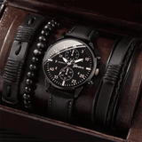Men's Business Quartz Watch and 3-Piece Bracelet Set Black Leather