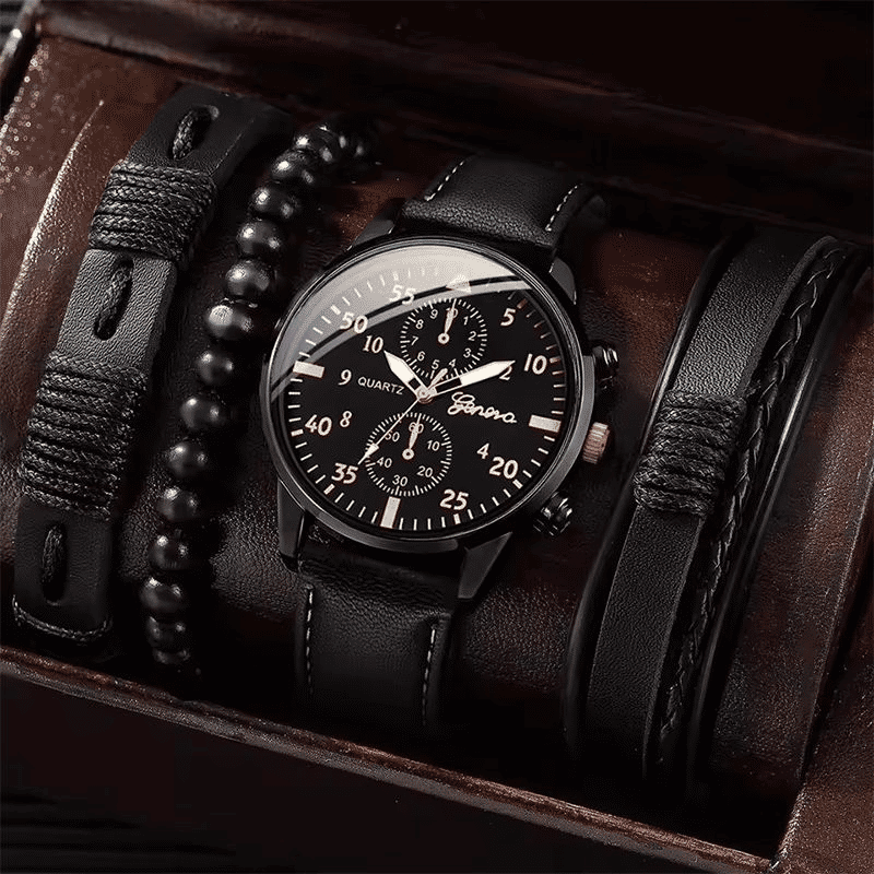 Generic Fashion Quartz Watch and Bracelet Set Leather Band Black