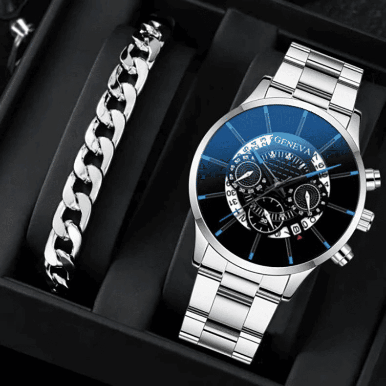 2-Piece Men's Black Quartz Analog Watch and Bracelet Set