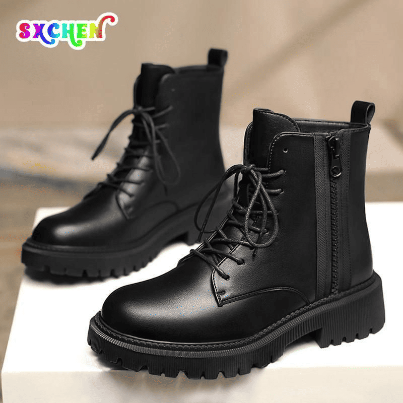 SXCHEN Women's Soft Leather Martin Ankle Boots - Thick-Soled British Combat Style
