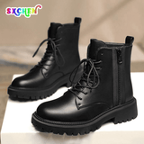 SXCHEN Women's Soft Leather Martin Ankle Boots - Thick-Soled British Combat Style