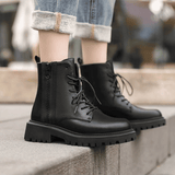 SXCHEN Women's Soft Leather Martin Ankle Boots - Thick-Soled British Combat Style
