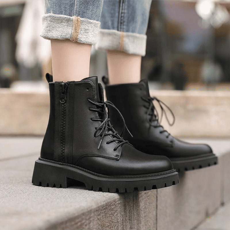 SXCHEN Women's Soft Leather Martin Ankle Boots - Thick-Soled British Combat Style