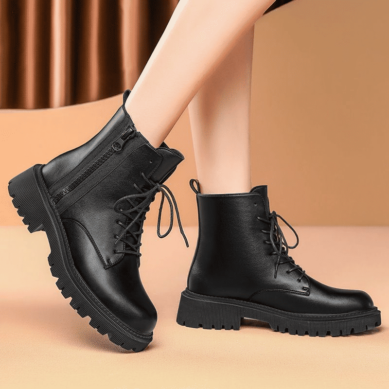 SXCHEN Women's Soft Leather Martin Ankle Boots - Thick-Soled British Combat Style