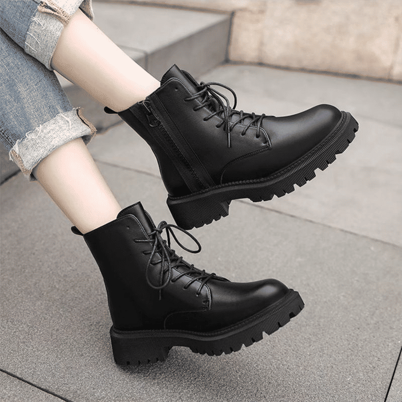 SXCHEN Women's Soft Leather Martin Ankle Boots - Thick-Soled British Combat Style