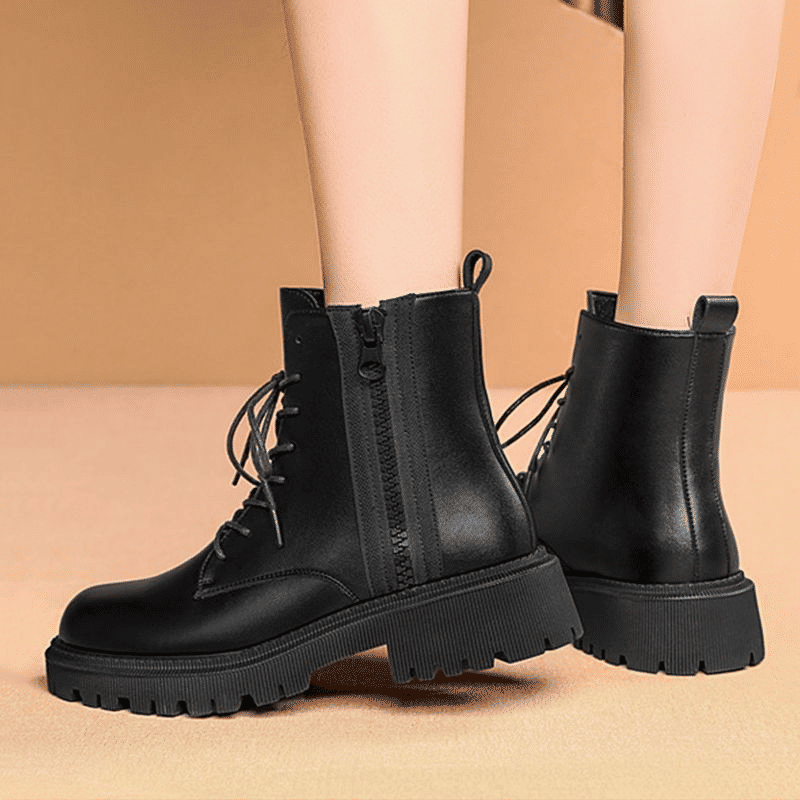 SXCHEN Women's Soft Leather Martin Ankle Boots - Thick-Soled British Combat Style