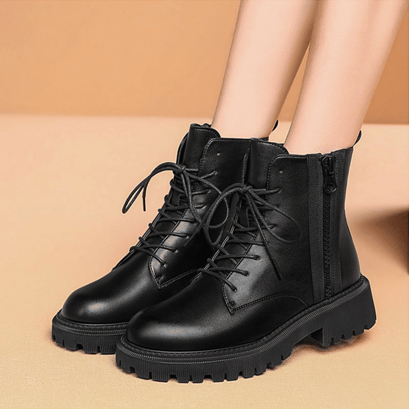 SXCHEN Women's Soft Leather Martin Ankle Boots - Thick-Soled British Combat Style