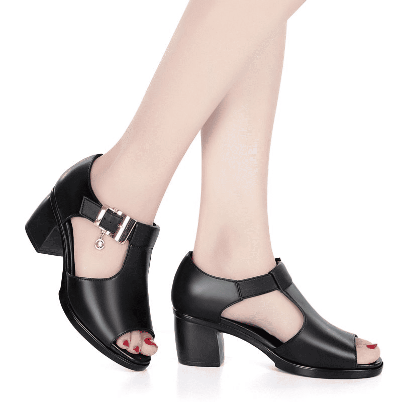 SXCHEN Ladies Roman Fish Mouth Sandals - Versatile Thick Mid-Heel, Comfortable Non-Slip