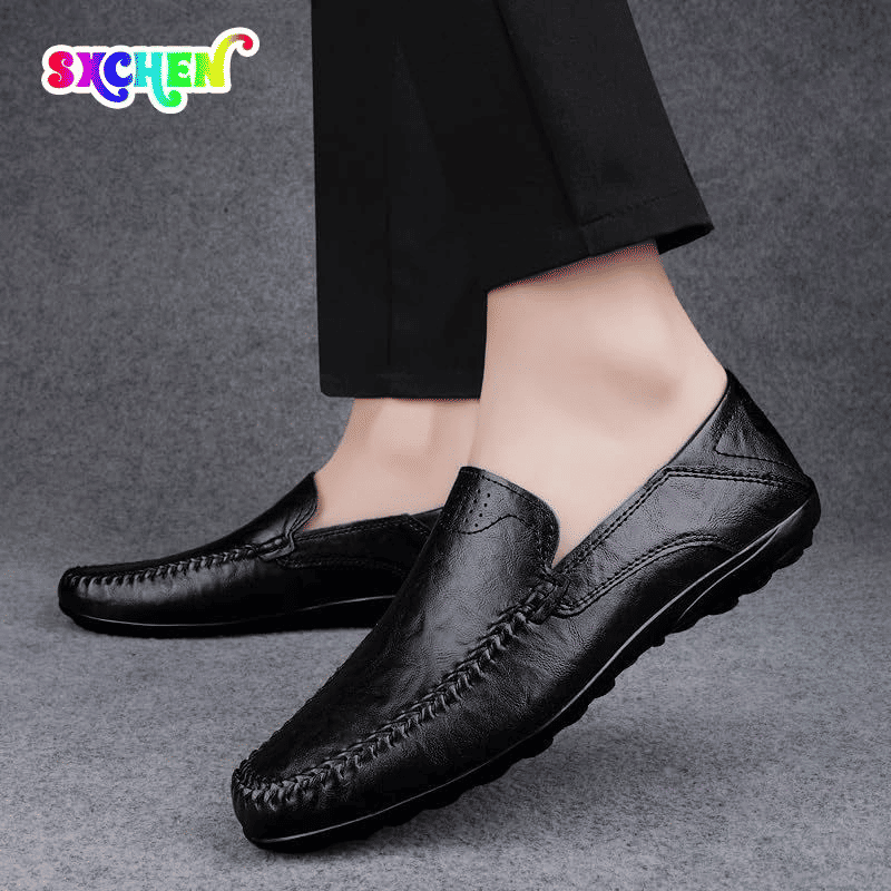 SXCHEN Men's Breathable Slip-On Leather Loafers: Soft Bottom Casual Driving Shoes