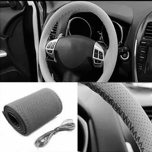 Grey Artificial Leather Hand Stitch Steering Wheel Cover with Thread & Needle Universal Fit