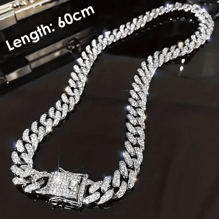Silver Men's Iced Miami Cuban Link Chain Necklace Faux-Diamonds Rhinestones Alloy Iced Out Hip Hop Jewelry